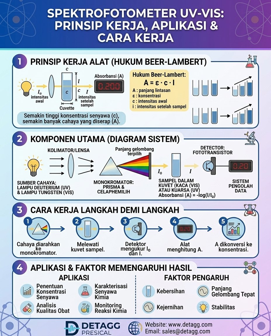 Infografis prinsip kerja, aplikasi, dan cara kerja spektrofotometer UV-Vis dari PT Detagg Presical Indonesia